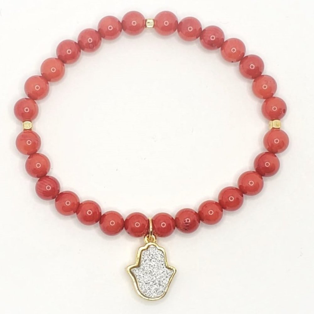 Happiness bracelet * Red Coral&Hamsa Hand Stretch